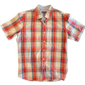 Van Heusen short-sleeve shirt Salmon white blue plaid cotton Sz S 14-14 …